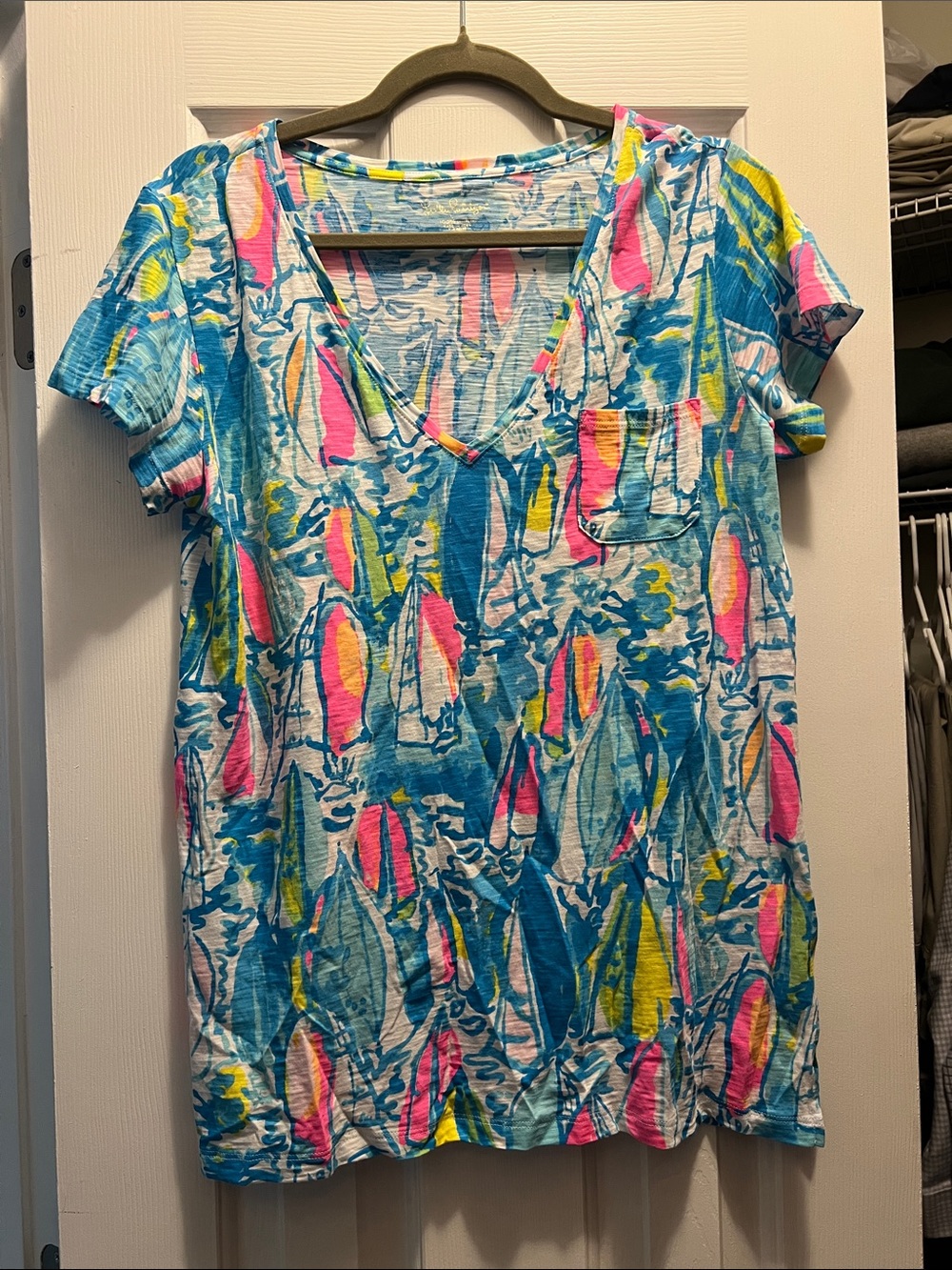 Lilly Pulitzer Short Sleeve V-Neck Tee in Blue, Pink & Yellow Sailboat Print